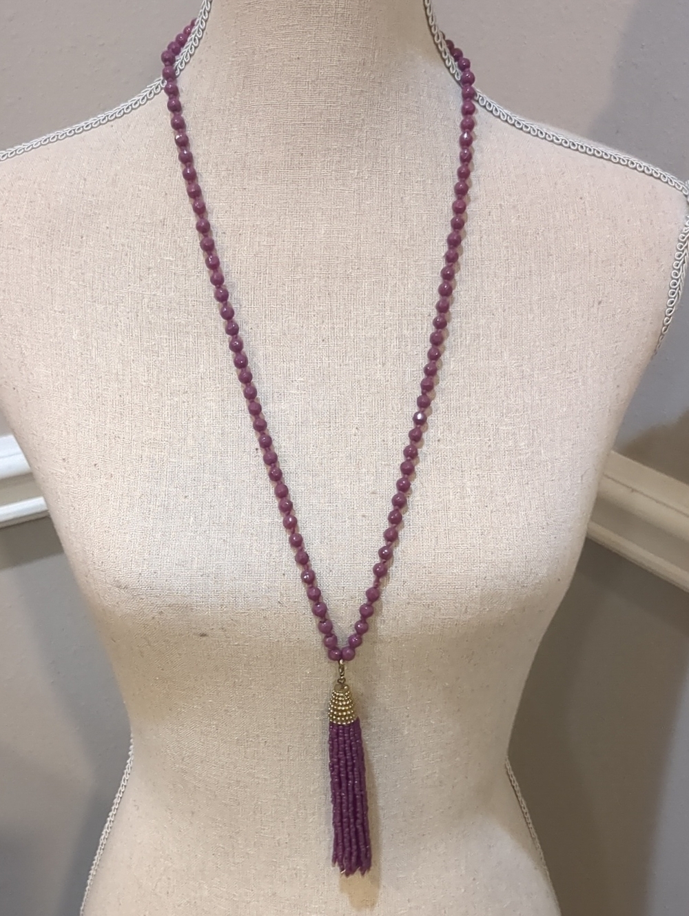 Purple Beaded Tassel Necklace - Unbranded